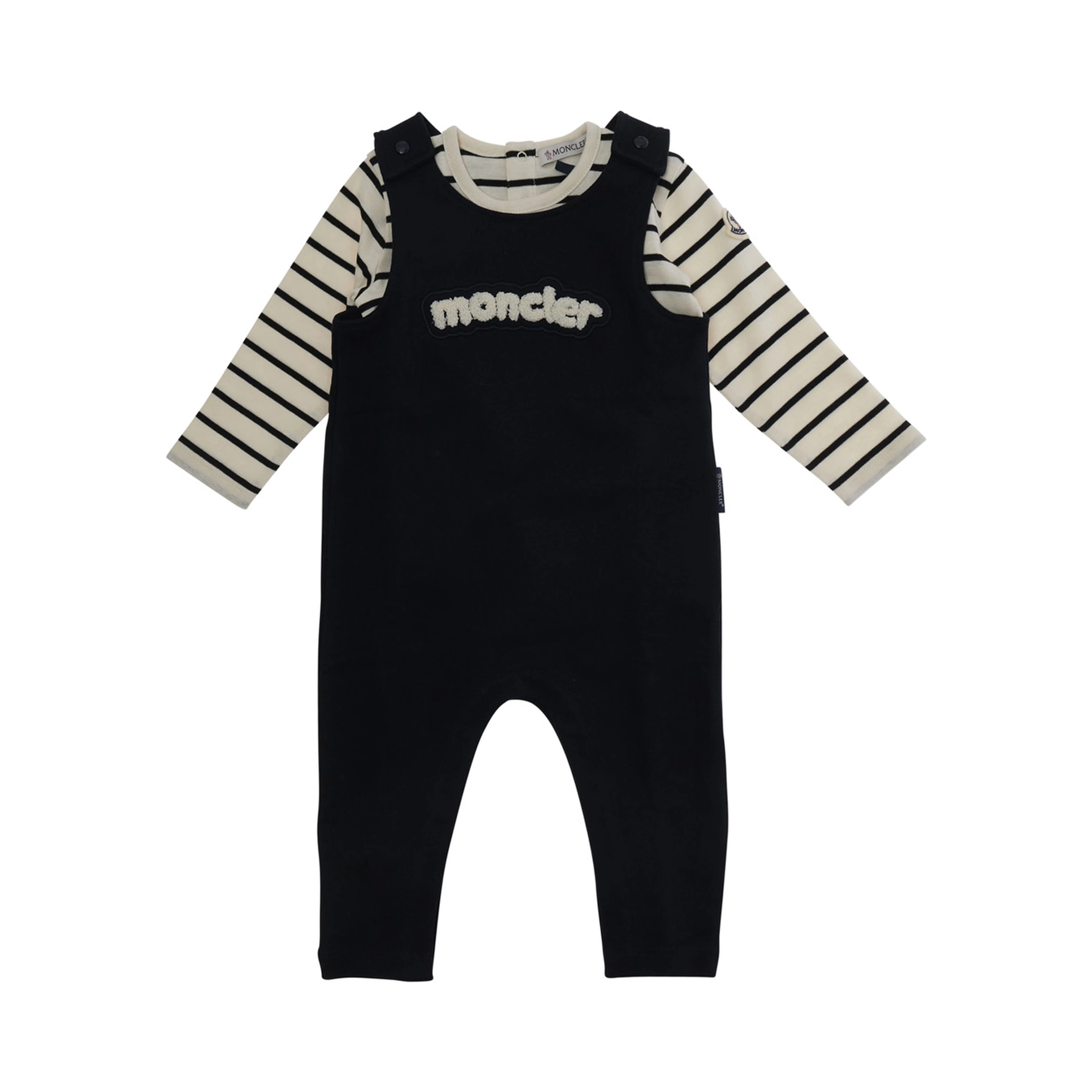 Blue Crew Neck Romper with Striped Sleeves and Logo Lettering on the Front in Cotton Baby