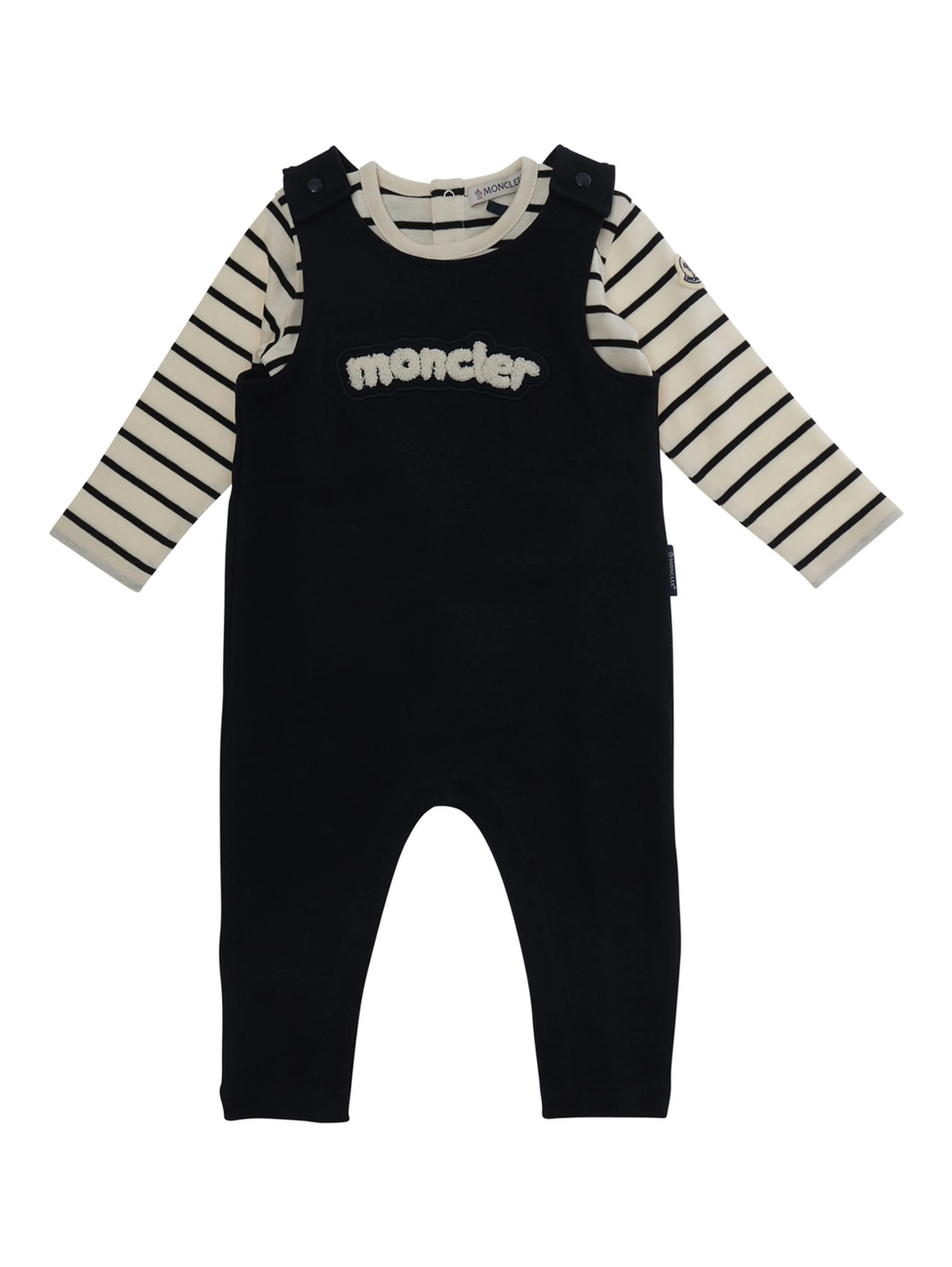 Blue Crew Neck Romper with Striped Sleeves and Logo Lettering on the Front in Cotton Baby