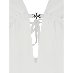 White One-Piece Swimsuit with Knot Closure and Logo Plate on the Front in Tech Fabric for Women