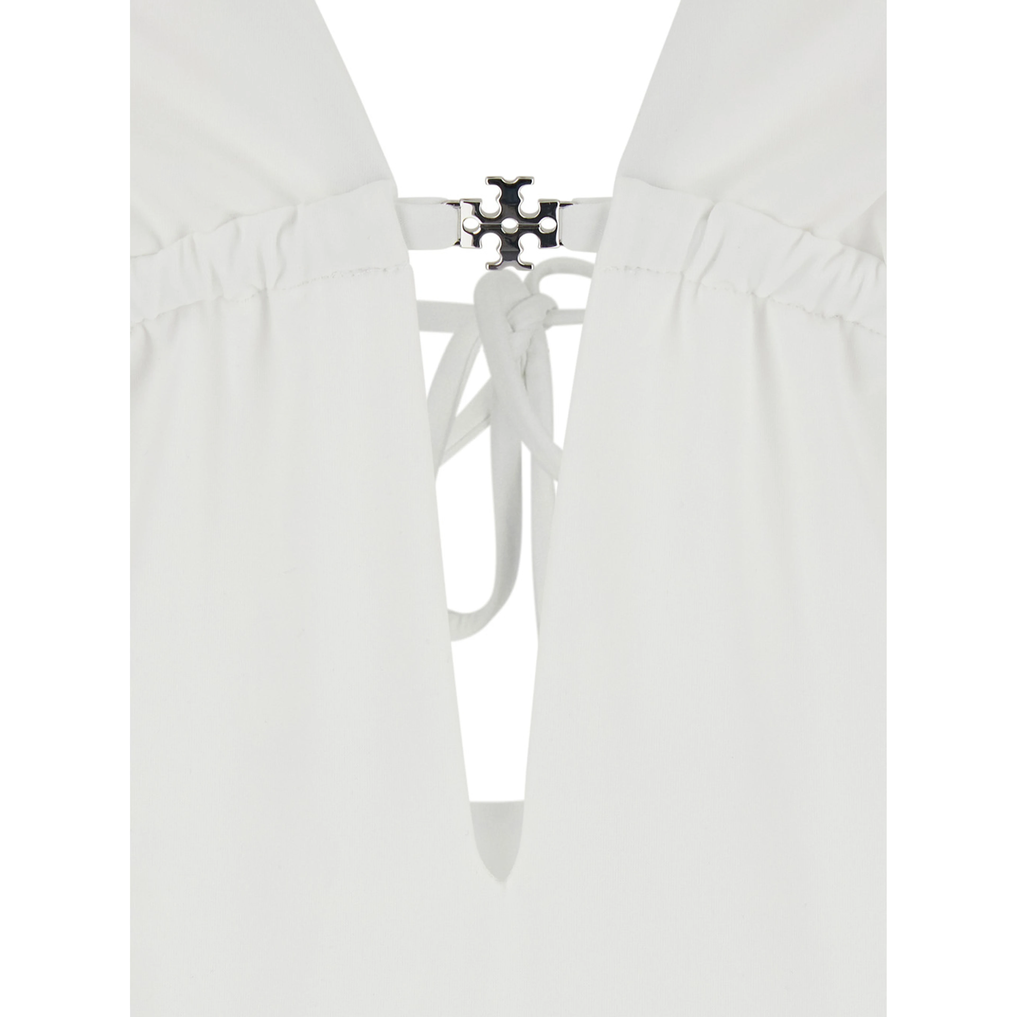 White One-Piece Swimsuit with Knot Closure and Logo Plate on the Front in Tech Fabric for Women