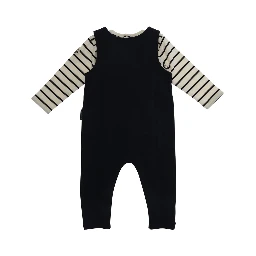 Blue Crew Neck Romper with Striped Sleeves and Logo Lettering on the Front in Cotton Baby