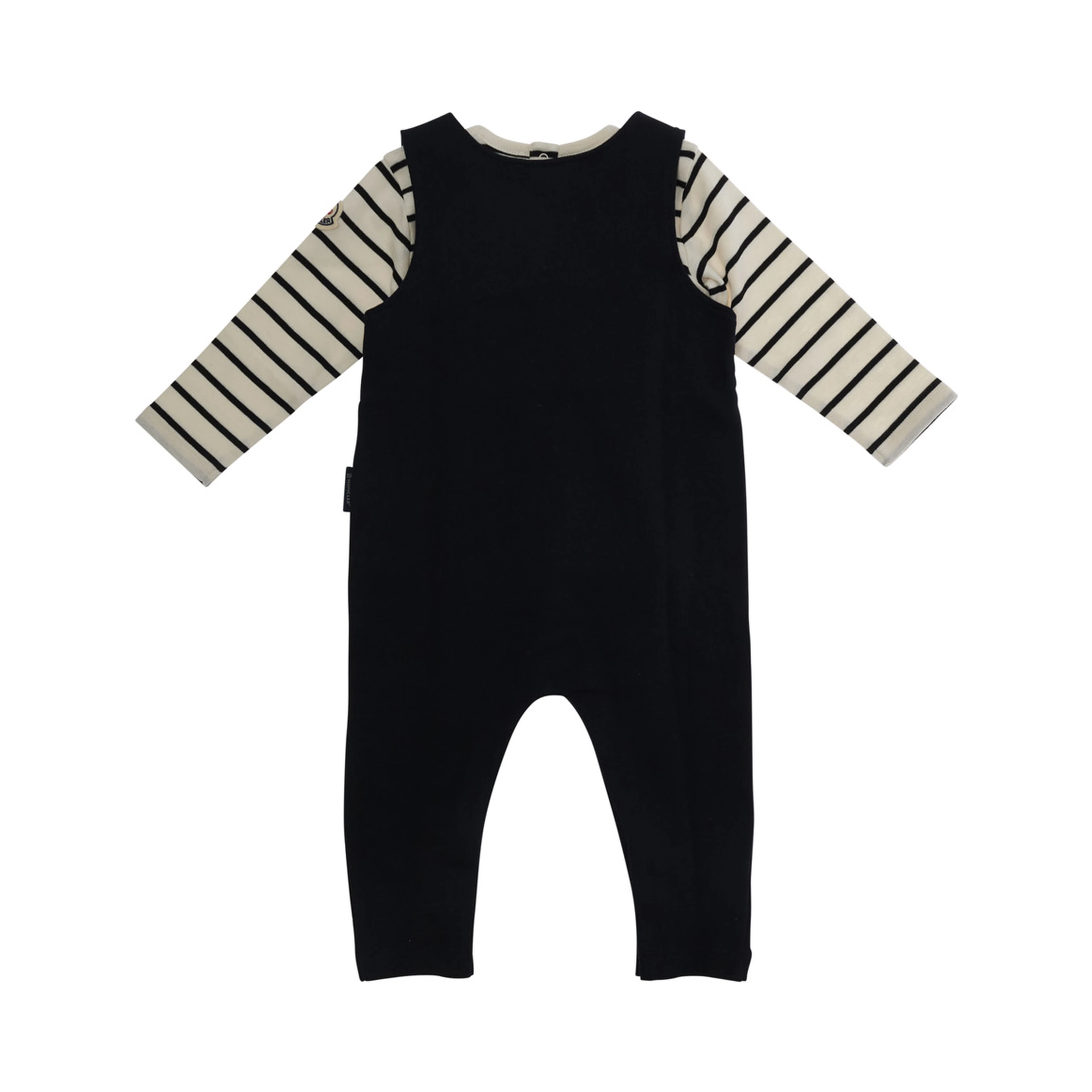 Blue Crew Neck Romper with Striped Sleeves and Logo Lettering on the Front in Cotton Baby