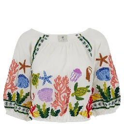 Multicolor Crop Top with All-Over Marine Motifs in Cotton Woman