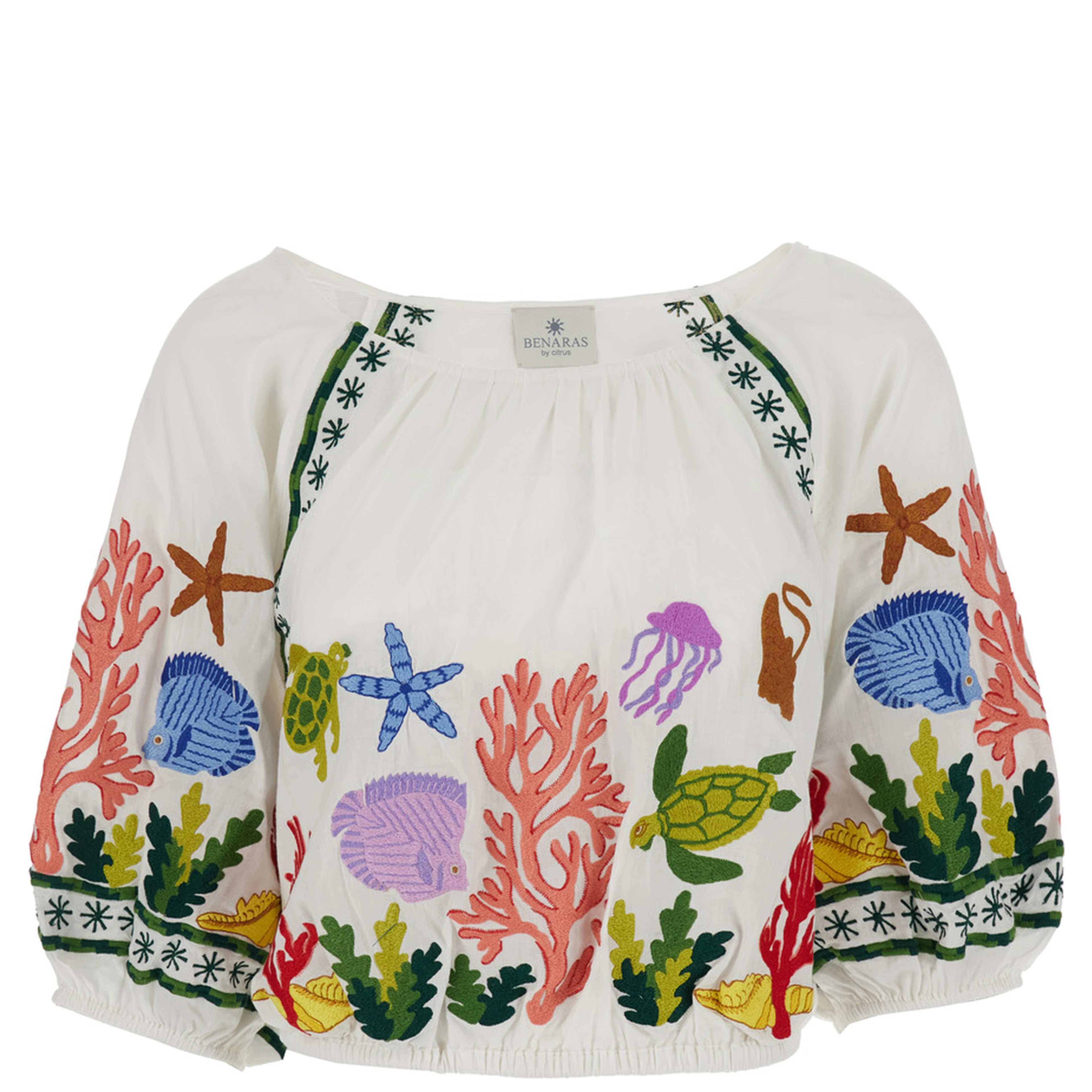 Multicolor Crop Top with All-Over Marine Motifs in Cotton Woman