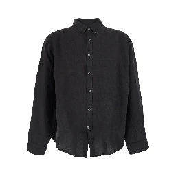 Gray Oversized Shirt with Button-Down Collar in Linen for Men