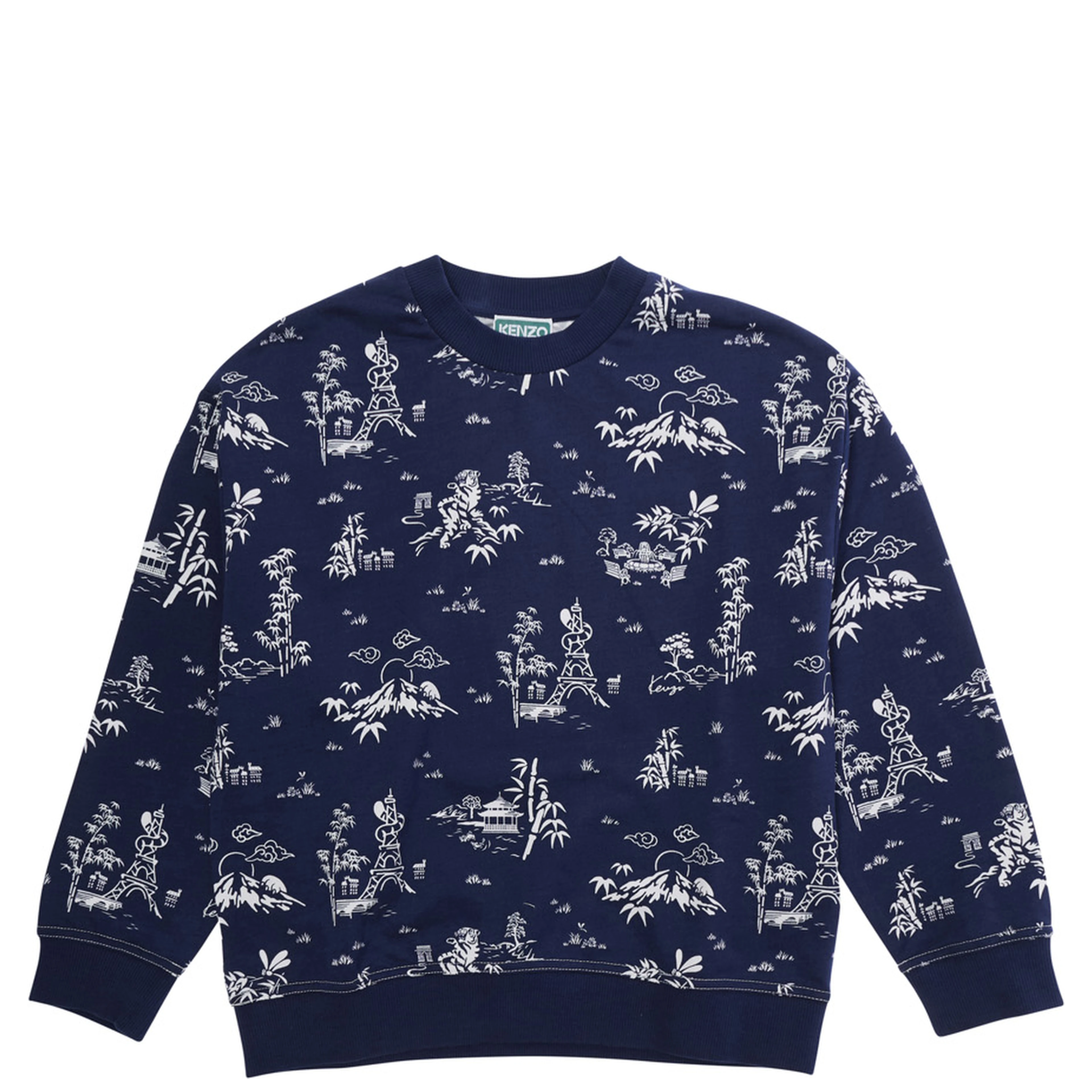 Blue Crewneck Sweatshirt with All-Over Print and Logo Patch on the Back in Cotton Boy