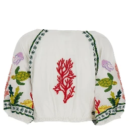 Multicolor Crop Top with All-Over Marine Motifs in Cotton Woman