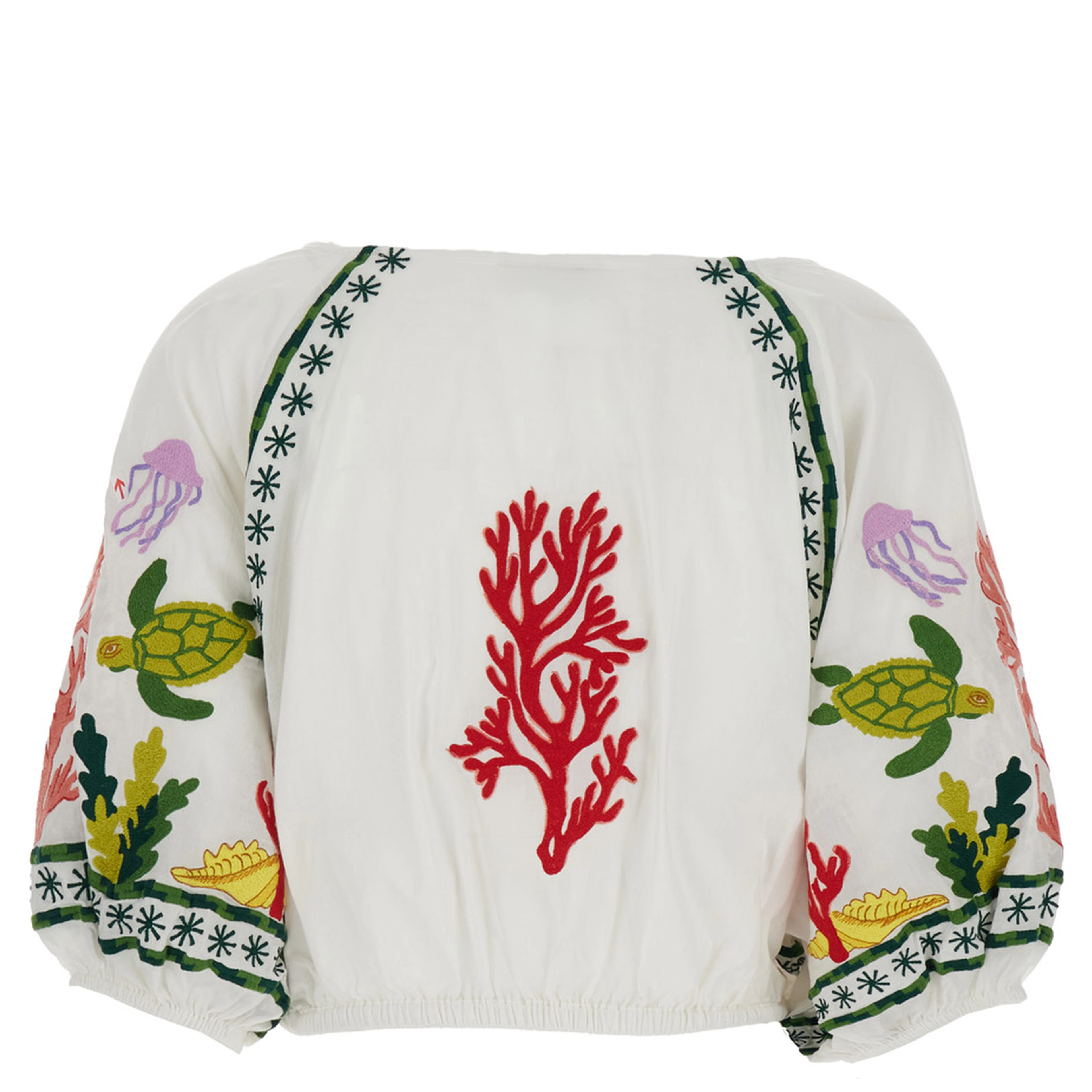Multicolor Crop Top with All-Over Marine Motifs in Cotton Woman