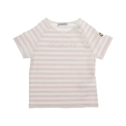 Pink Crew neck T-shirt with button closure on the neck and all-over striped motif in cotton baby