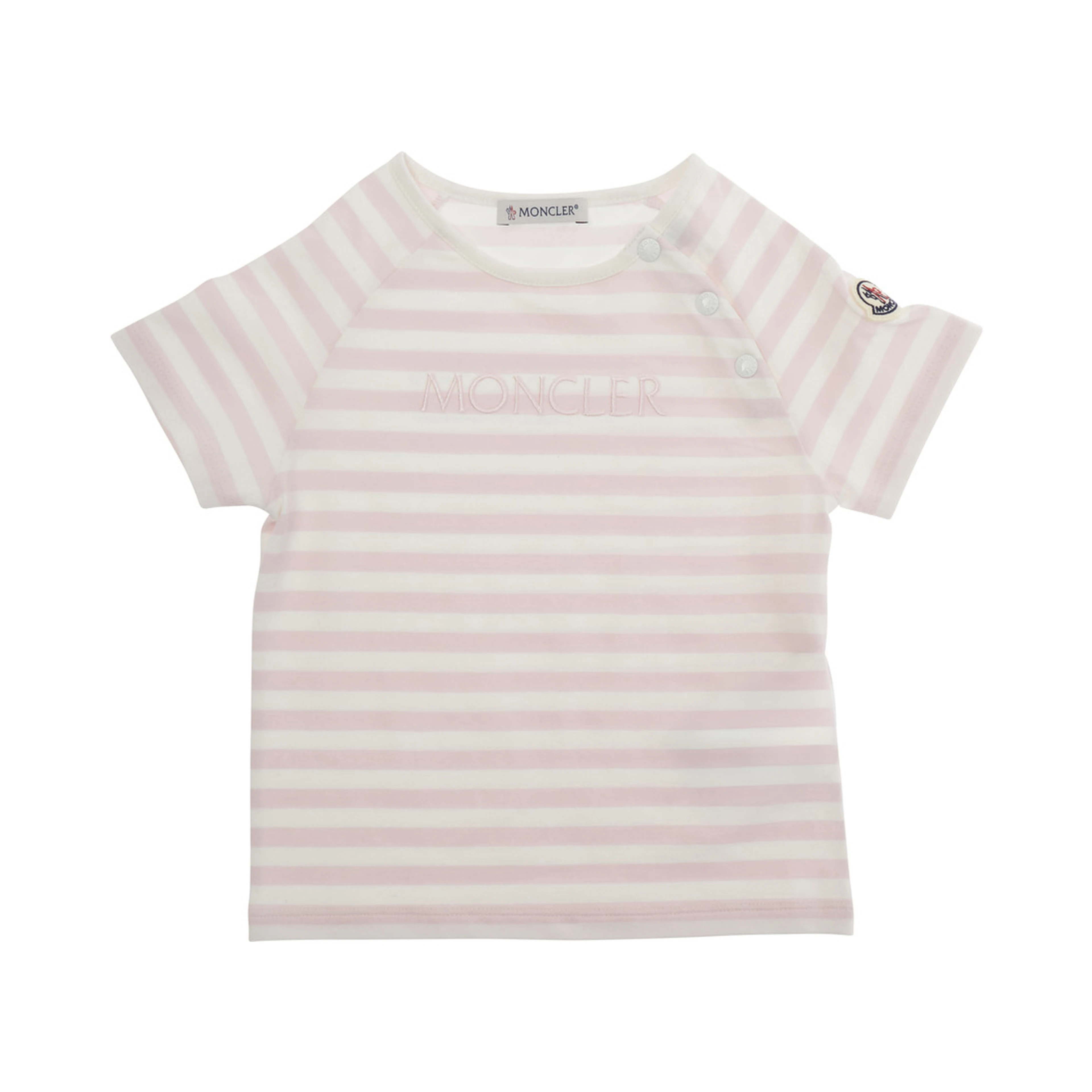 Pink Crew neck T-shirt with button closure on the neck and all-over striped motif in cotton baby