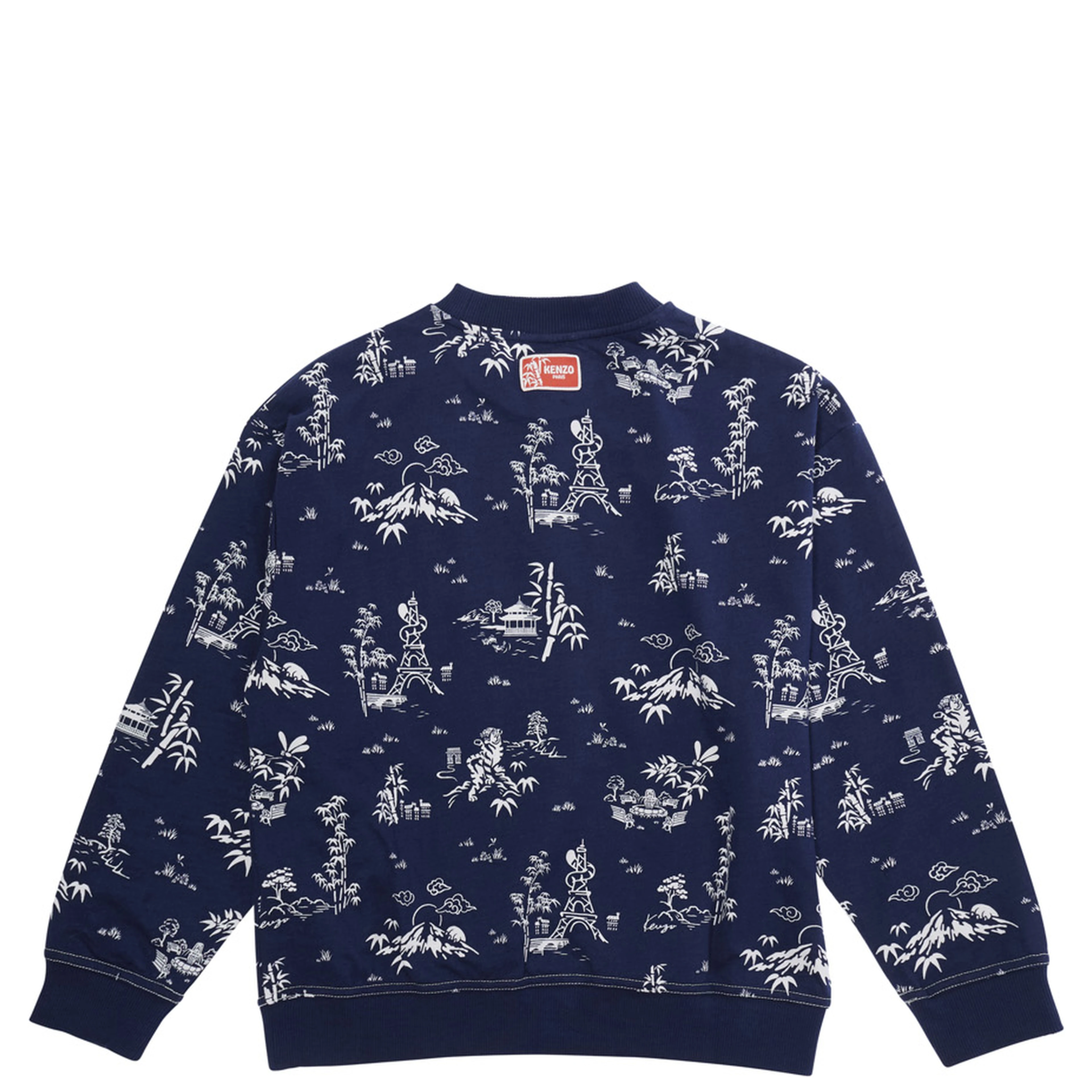 Blue Crewneck Sweatshirt with All-Over Print and Logo Patch on the Back in Cotton Boy