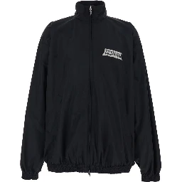 Black Jacket with High Collar and Logo on Front and Back in Cotton Blend for Men