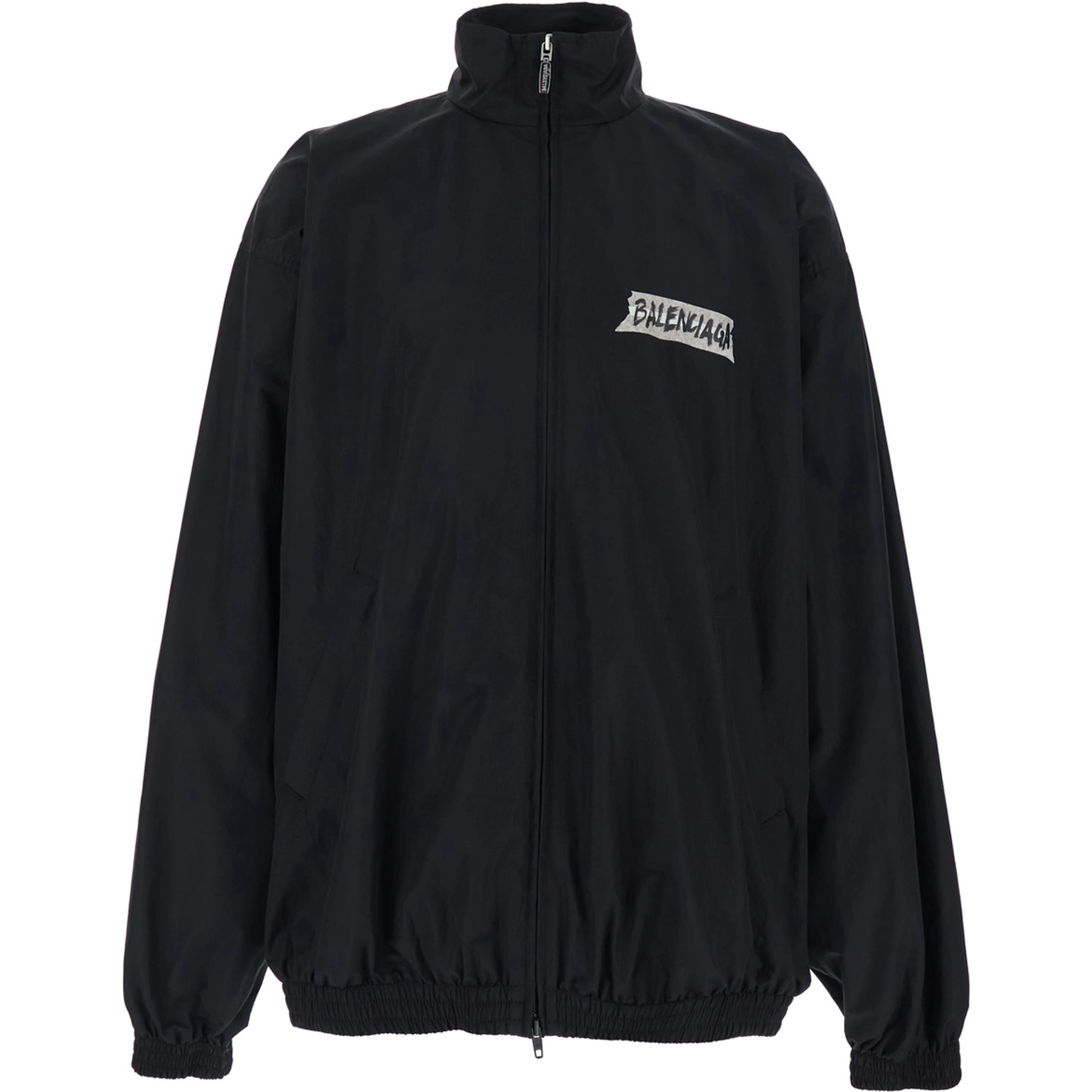 Black Jacket with High Collar and Logo on Front and Back in Cotton Blend for Men