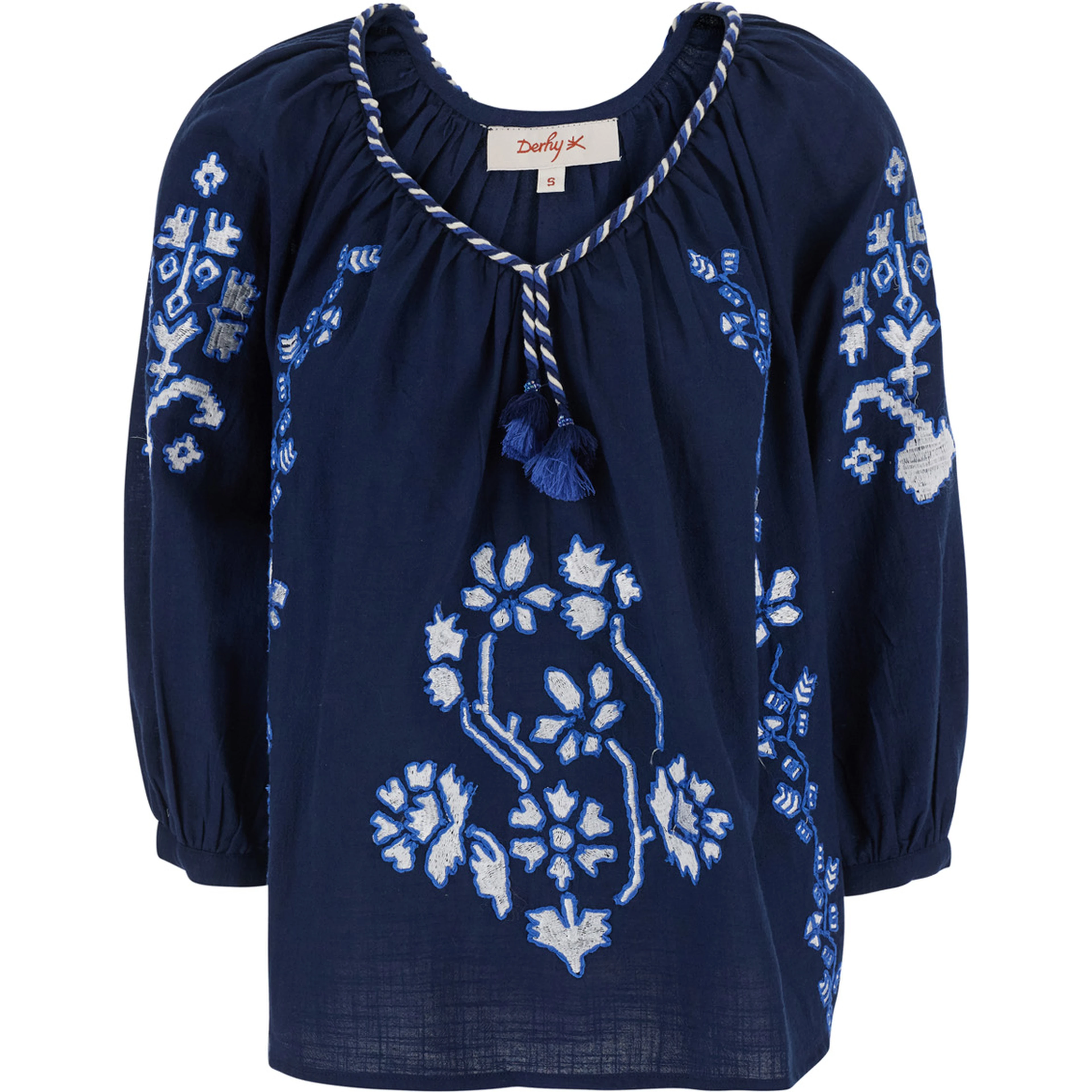 Enora Blue Blouse with Balloon Sleeves and All-Over Floral Embroidery in Cotton for Women