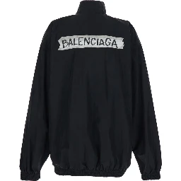Black Jacket with High Collar and Logo on Front and Back in Cotton Blend for Men