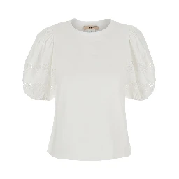 White T-Shirt with Embroidery Details on the Sleeves and Round Neck in Cotton for Women
