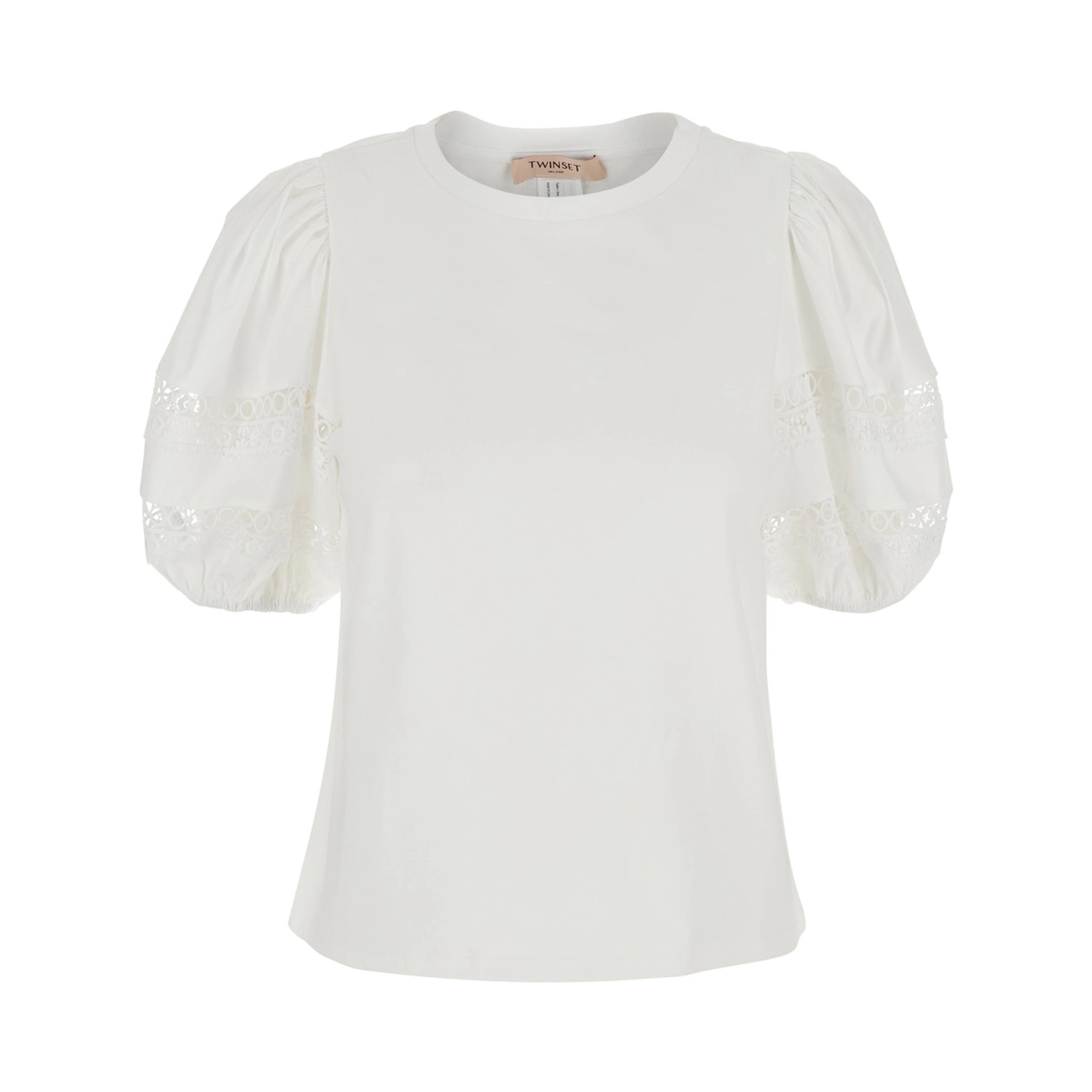 White T-Shirt with Embroidery Details on the Sleeves and Round Neck in Cotton for Women