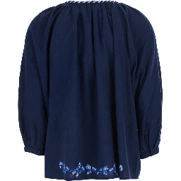 Enora Blue Blouse with Balloon Sleeves and All-Over Floral Embroidery in Cotton for Women
