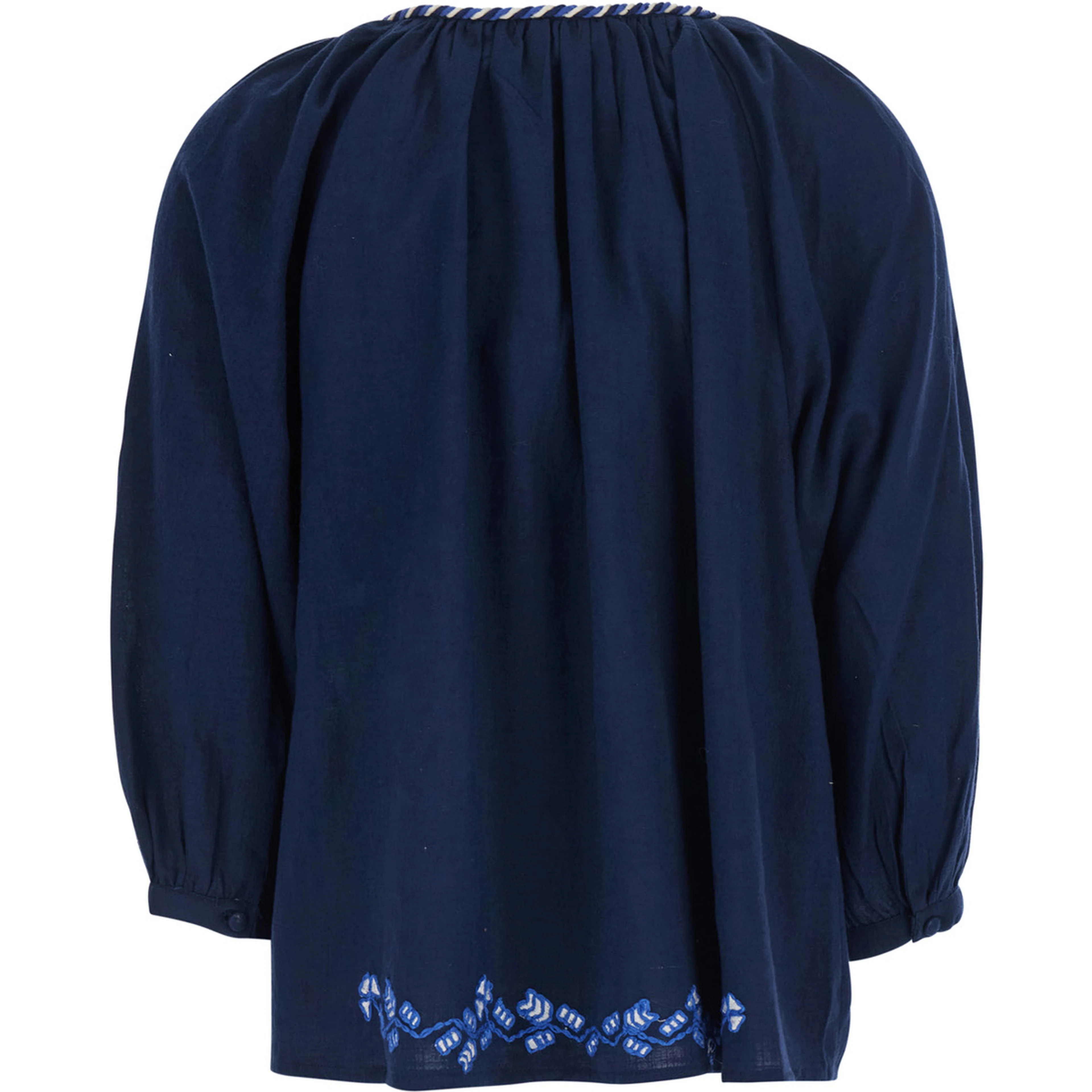 Enora Blue Blouse with Balloon Sleeves and All-Over Floral Embroidery in Cotton for Women