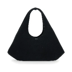 Folded Black Shoulder Bag with Top Handle and logo lettering on the Front in Suede Woman