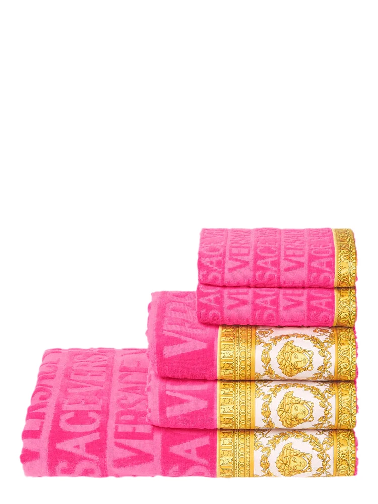 pink Five-piece towel set with Baroque motif in cotton unisex