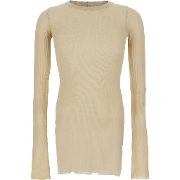 Beige T-Shirt with Ribbed Design and Round Neck in Viscose and Silk Blend Man
