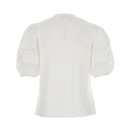 White T-Shirt with Embroidery Details on the Sleeves and Round Neck in Cotton for Women