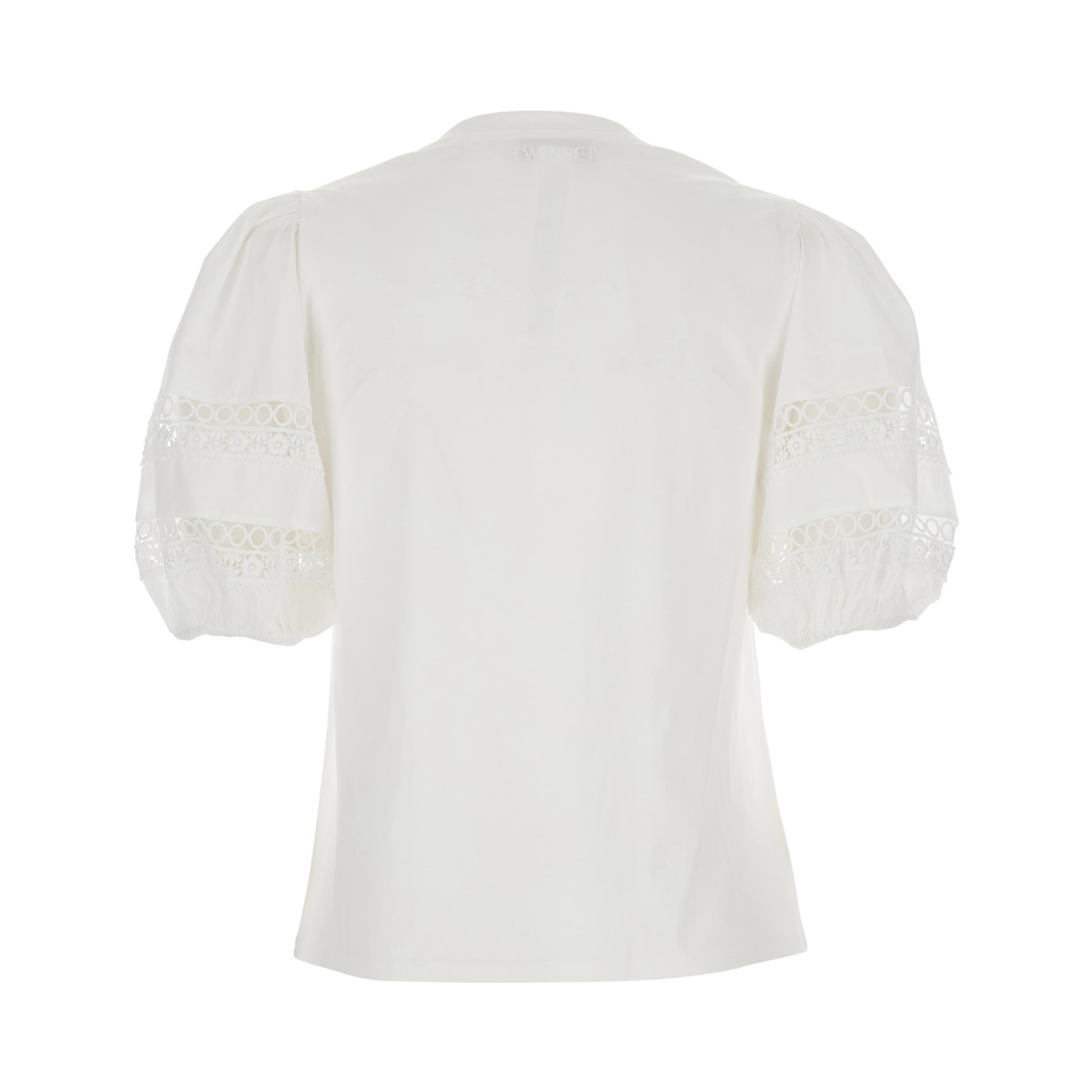 White T-Shirt with Embroidery Details on the Sleeves and Round Neck in Cotton for Women