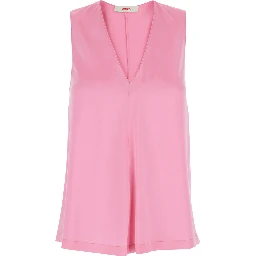 Pink Sleeveless Silk Top with V-Neck Woman