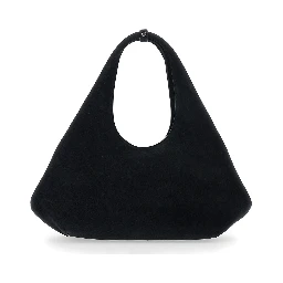 Folded Black Shoulder Bag with Top Handle and logo lettering on the Front in Suede Woman