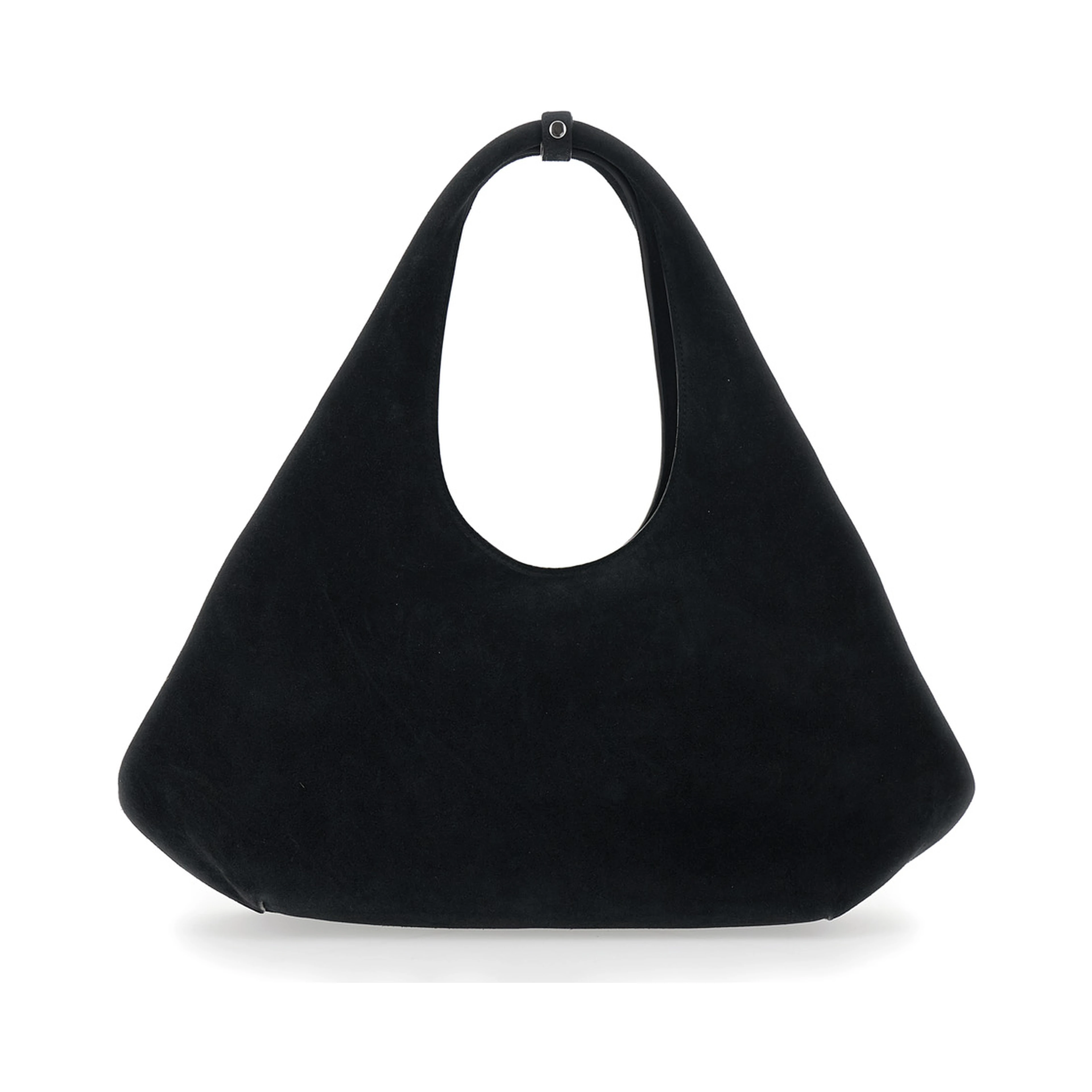 Folded Black Shoulder Bag with Top Handle and logo lettering on the Front in Suede Woman