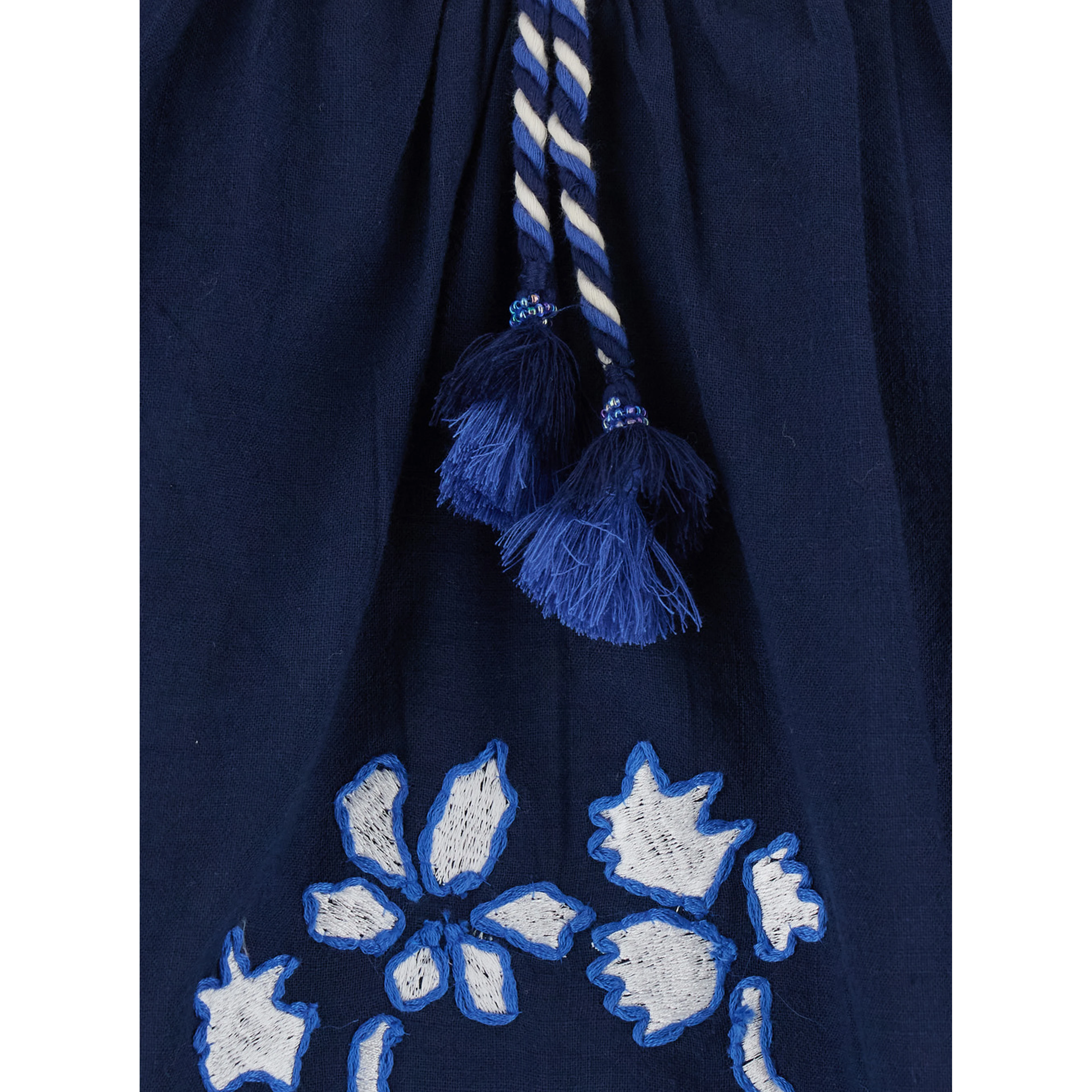 Enora Blue Blouse with Balloon Sleeves and All-Over Floral Embroidery in Cotton for Women