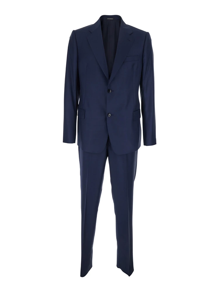 Blue Single-breasted Suit with Notched Revers in Wool for Men