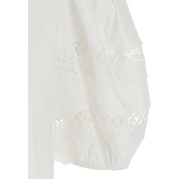White T-Shirt with Embroidery Details on the Sleeves and Round Neck in Cotton for Women