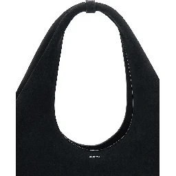 Folded Black Shoulder Bag with Top Handle and logo lettering on the Front in Suede Woman
