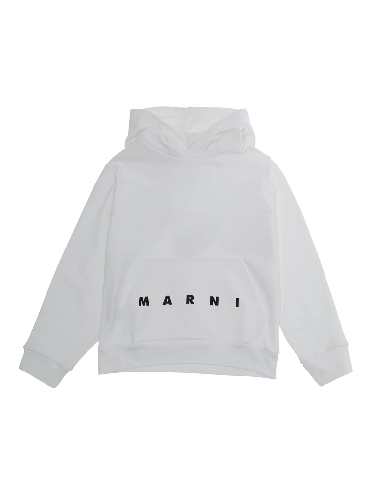 White Hoodie with kangaroo pocket and logo lettering on the front in cotton Boy