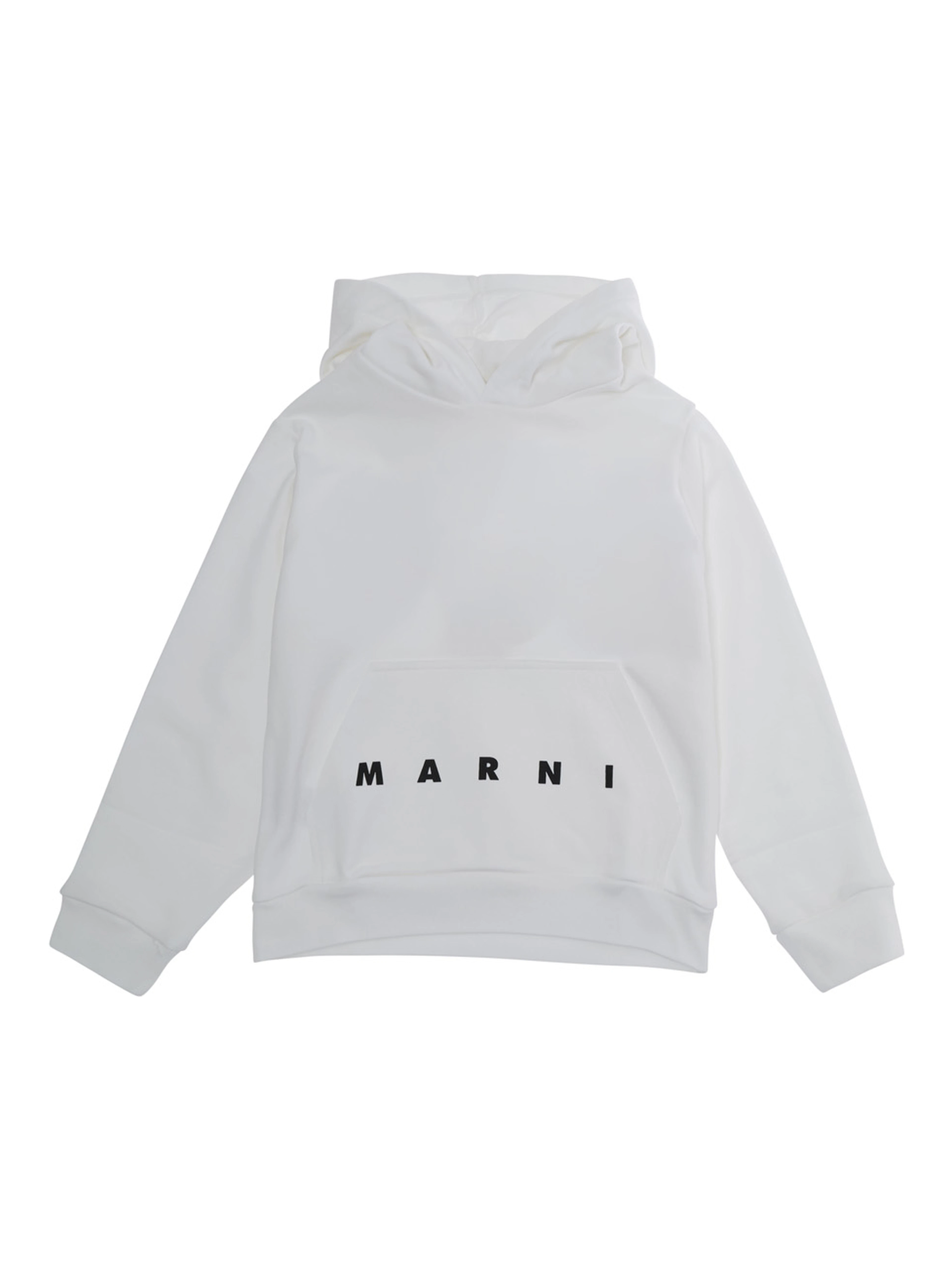 White Hoodie with kangaroo pocket and logo lettering on the front in cotton Boy