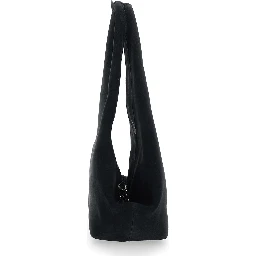 Folded Black Shoulder Bag with Top Handle and logo lettering on the Front in Suede Woman
