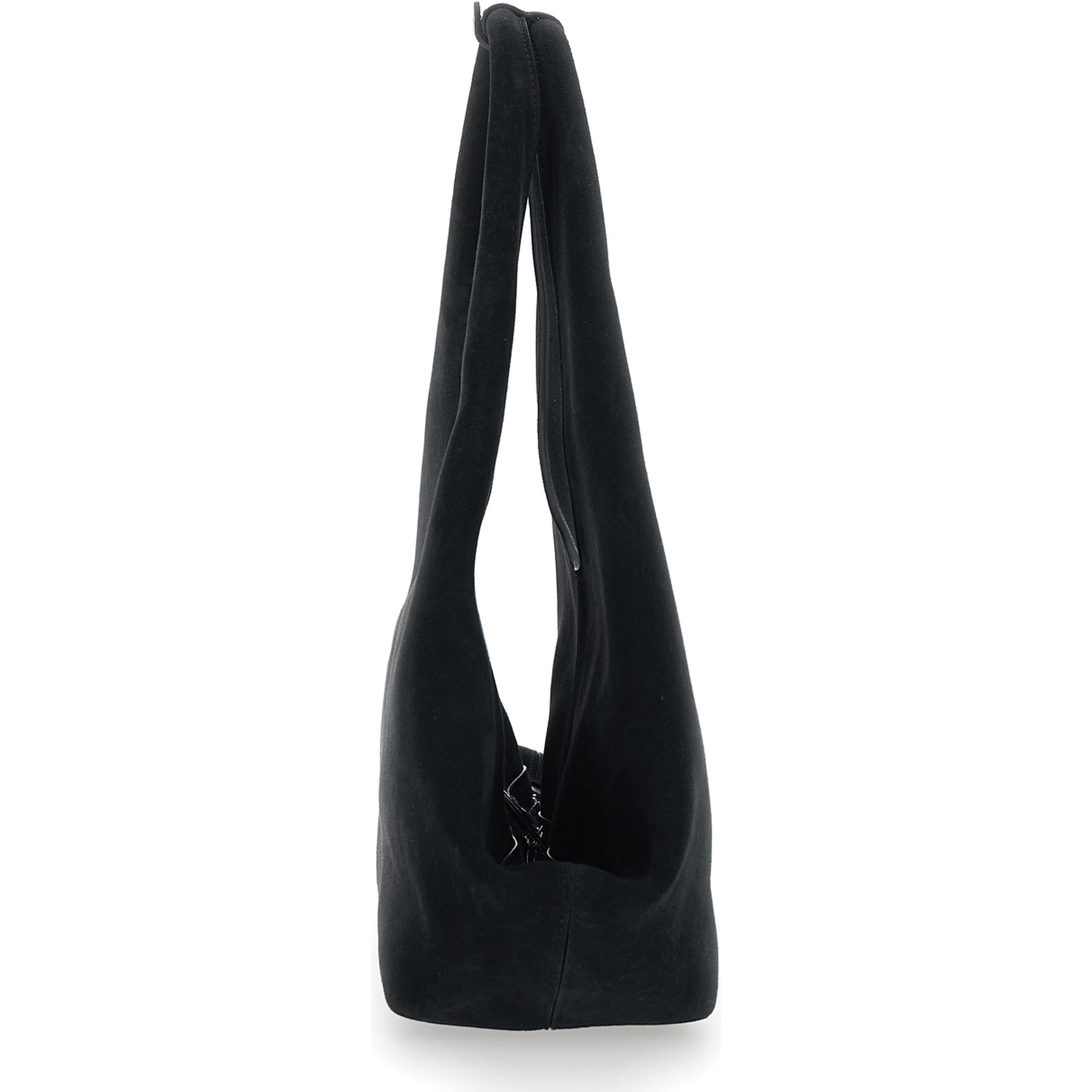Folded Black Shoulder Bag with Top Handle and logo lettering on the Front in Suede Woman