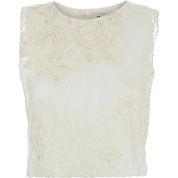 White Sleeveless Top Rebecca with Button Closure on the Back and All-Over Embroidery in Cotton for Women