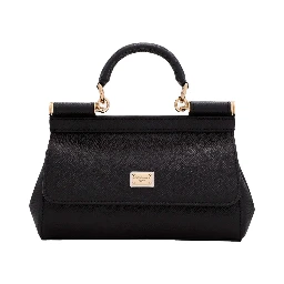 Sicily Small Black Handbag with Adjustable and Removable Shoulder Strap and Logo Plate on the Front in Grained Leather for Women