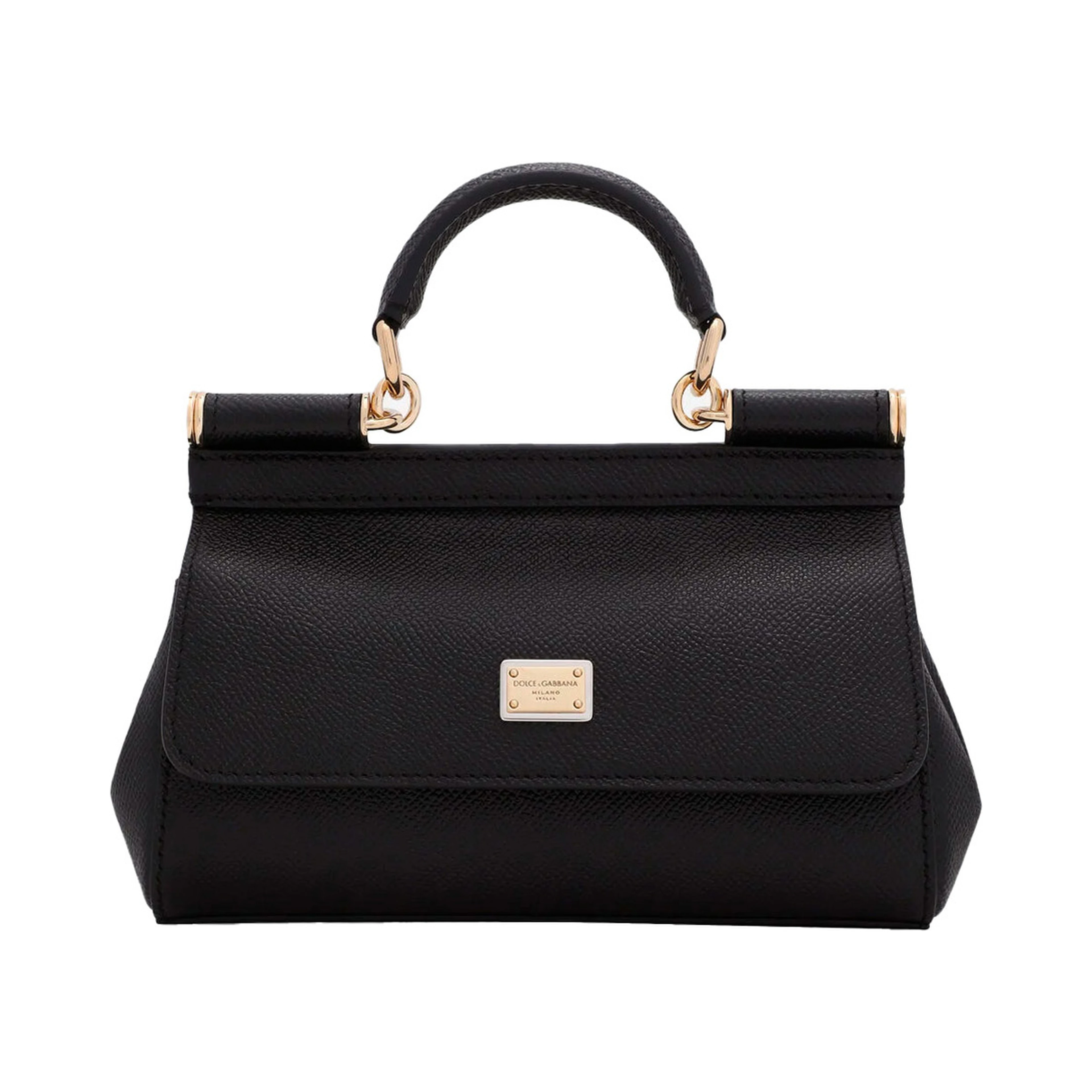 Sicily Small Black Handbag with Adjustable and Removable Shoulder Strap and Logo Plate on the Front in Grained Leather for Women