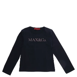 Blue Long sleeve round neck T-shirt with logo lettering on the front in stretch cotton Girl