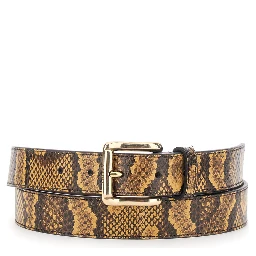 Python Square Belt with leather details and reptile print Brown Unisex