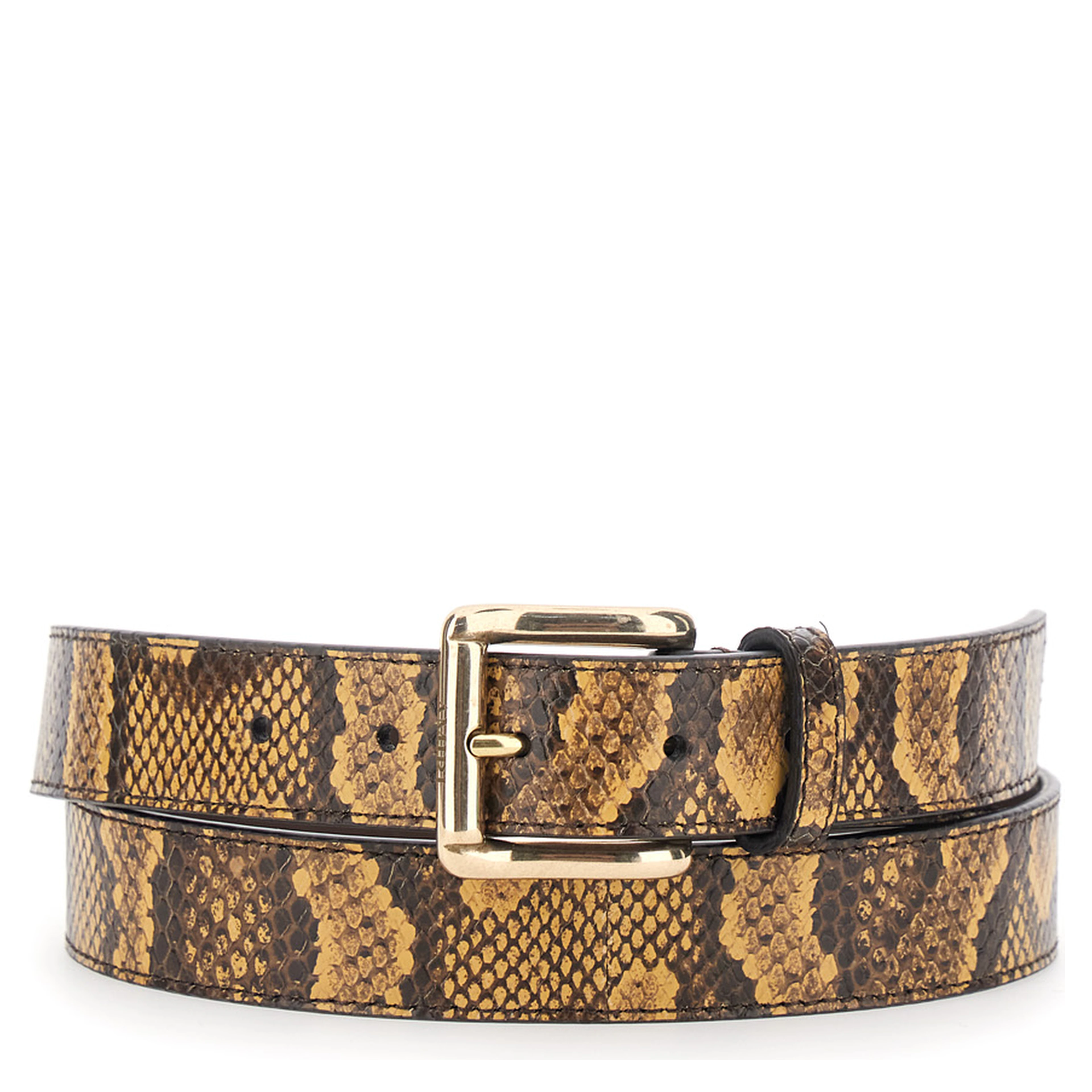 Python Square Belt with leather details and reptile print Brown Unisex