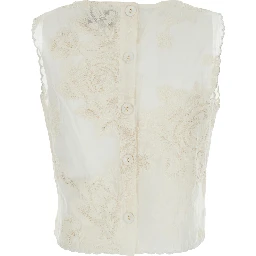 White Sleeveless Top Rebecca with Button Closure on the Back and All-Over Embroidery in Cotton for Women