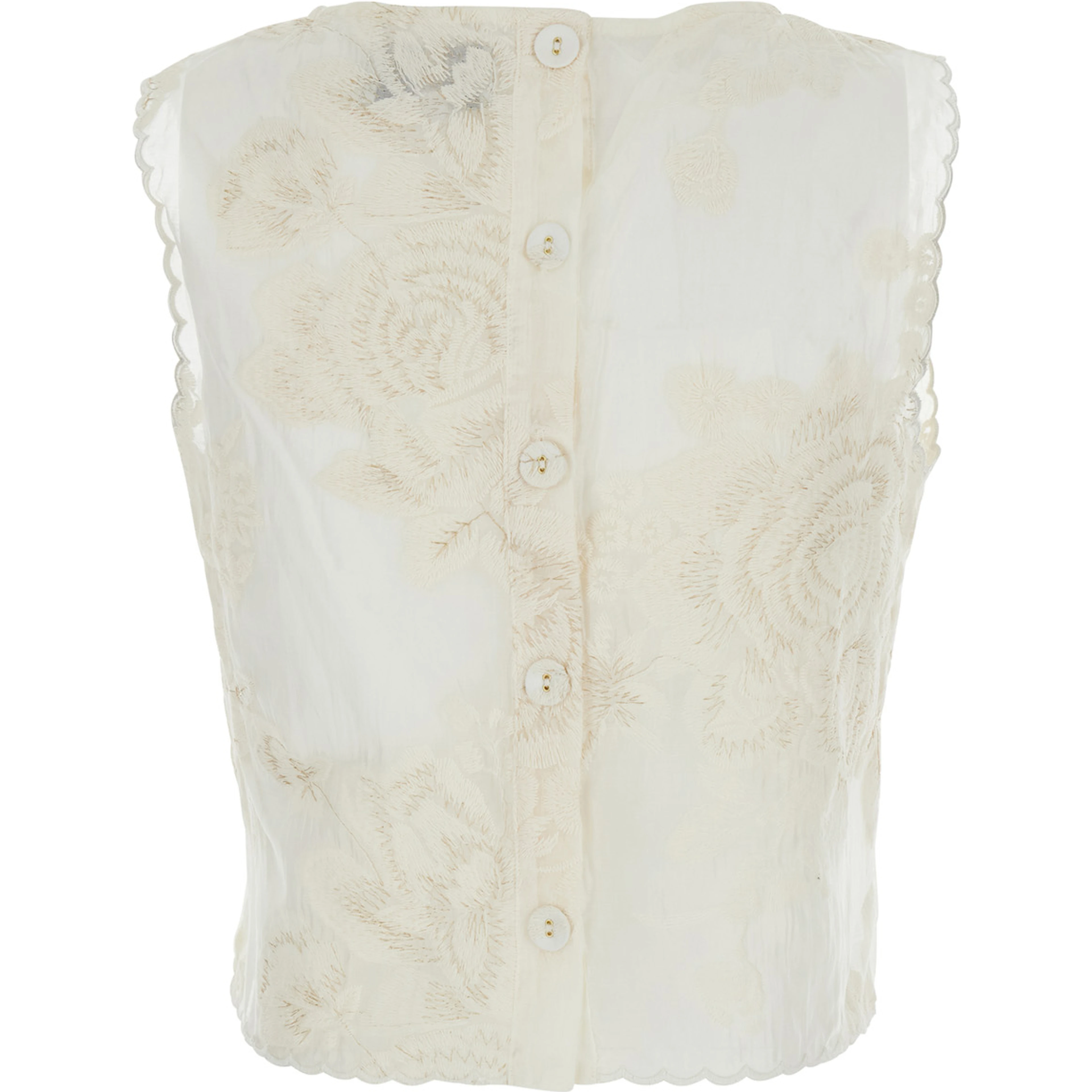 White Sleeveless Top Rebecca with Button Closure on the Back and All-Over Embroidery in Cotton for Women