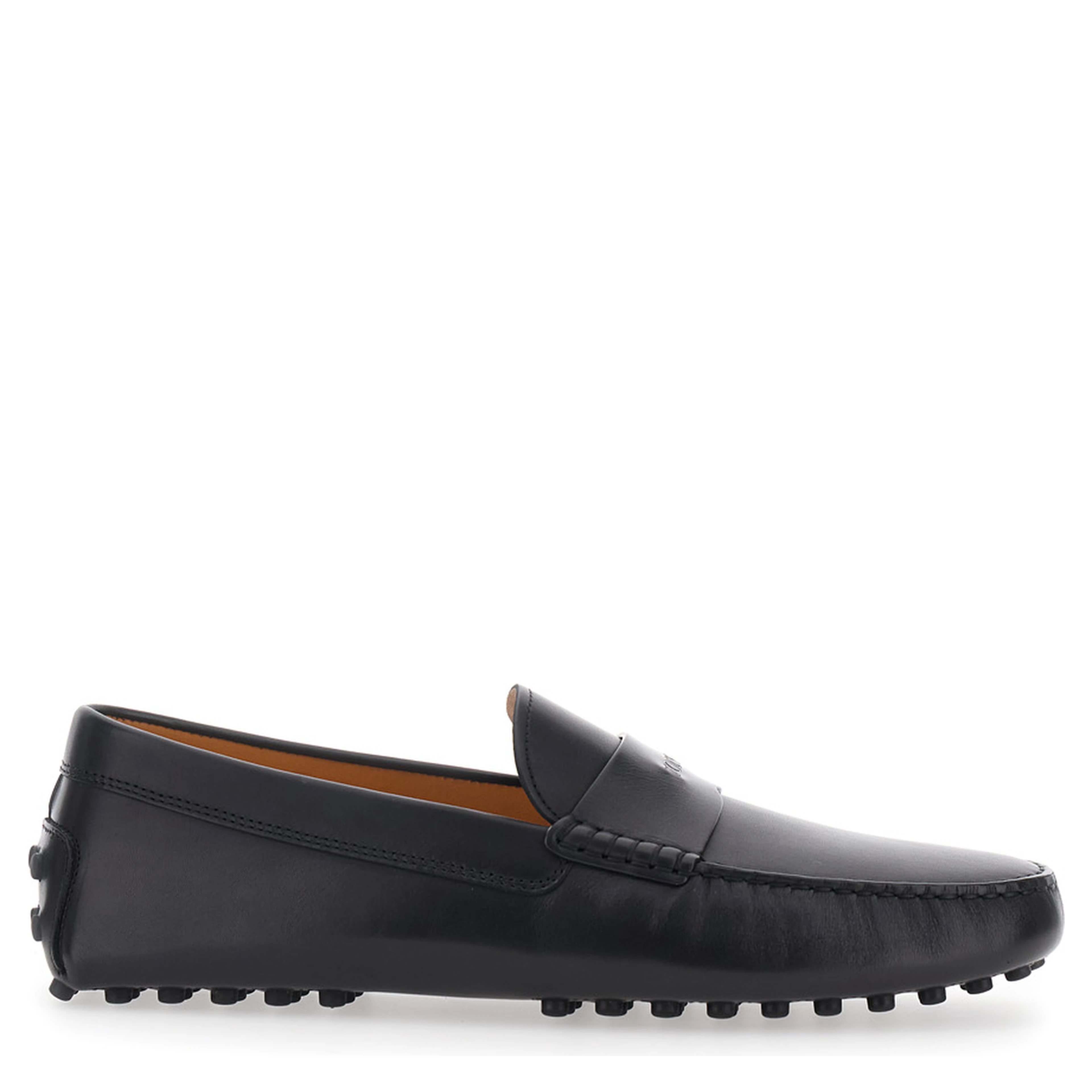 Black loafers with rounded toe and low heel in leather for men