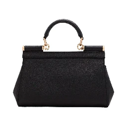 Sicily Small Black Handbag with Adjustable and Removable Shoulder Strap and Logo Plate on the Front in Grained Leather for Women