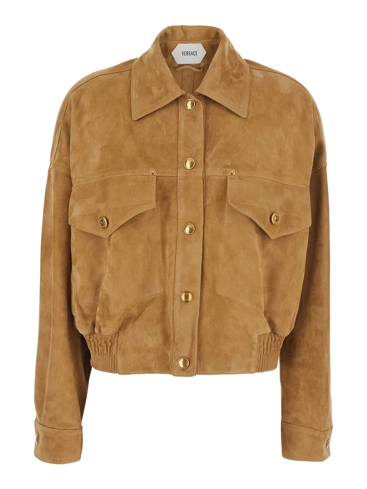 Beige Jacket with pointed collar and logo jewel buttons in suede for men